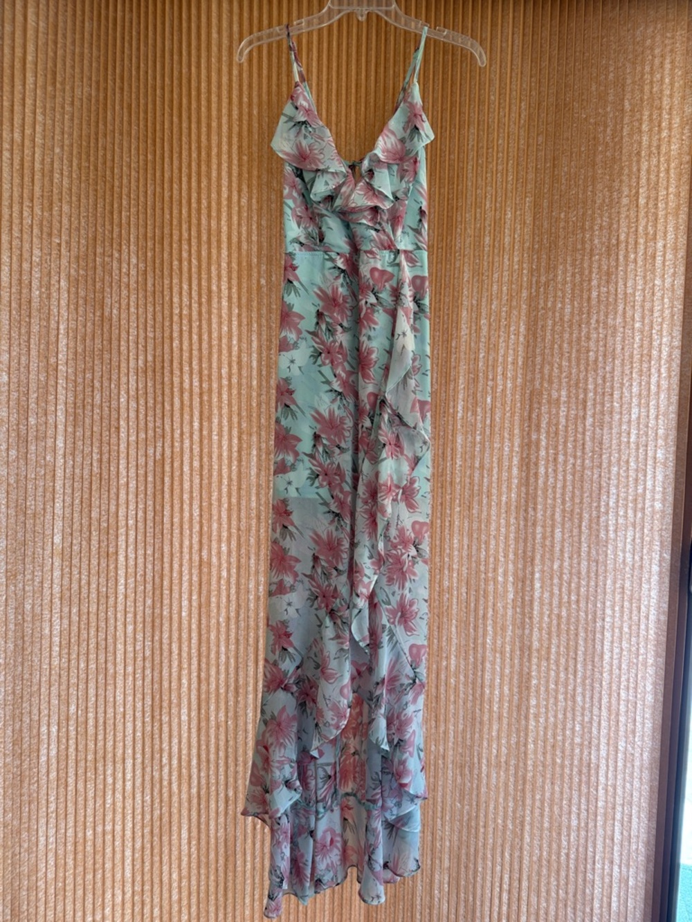FashionNova Floral Ruffle Maxi Slip Dress in Mint and Dusty Rose
